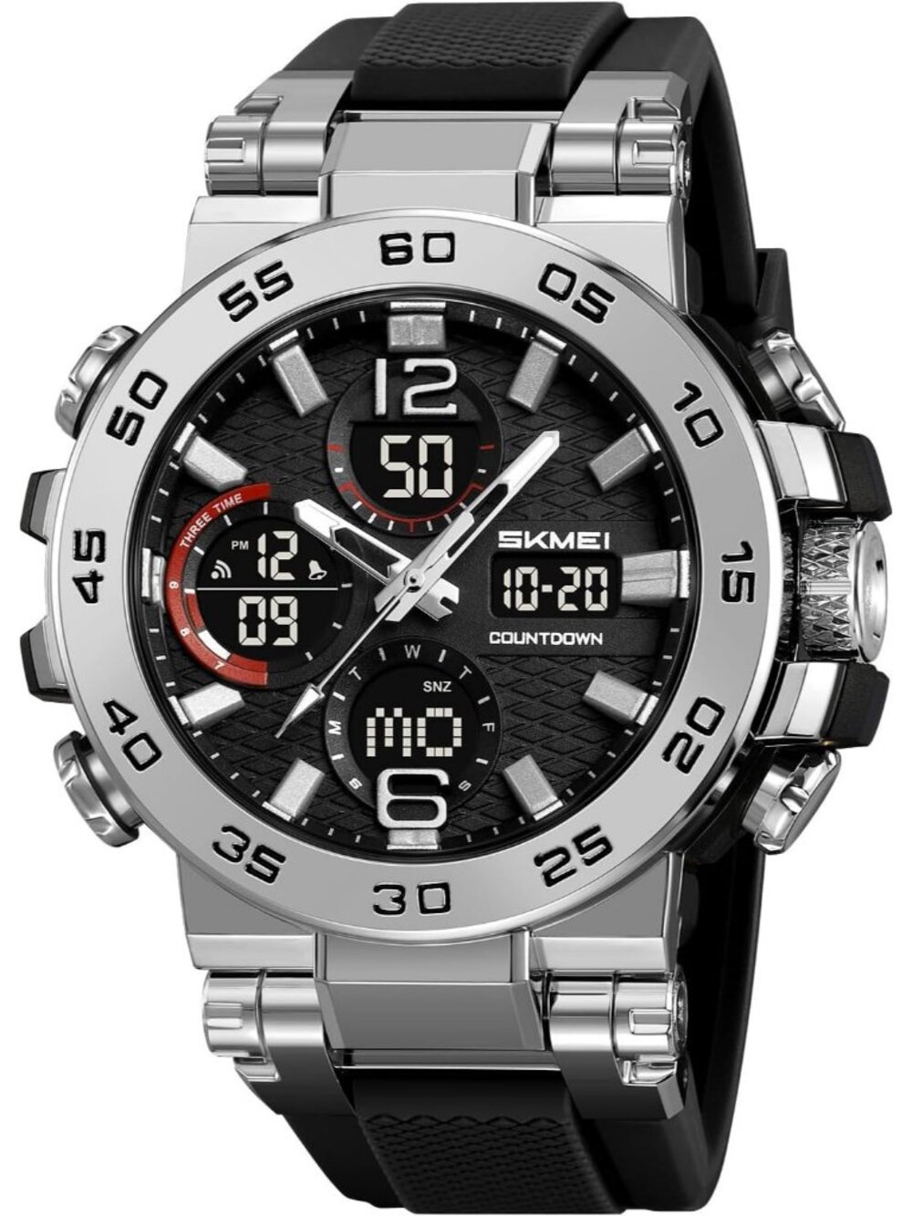 Men's Silver Black Analog Digital Sport Military Dual Display 50M LED Watches
